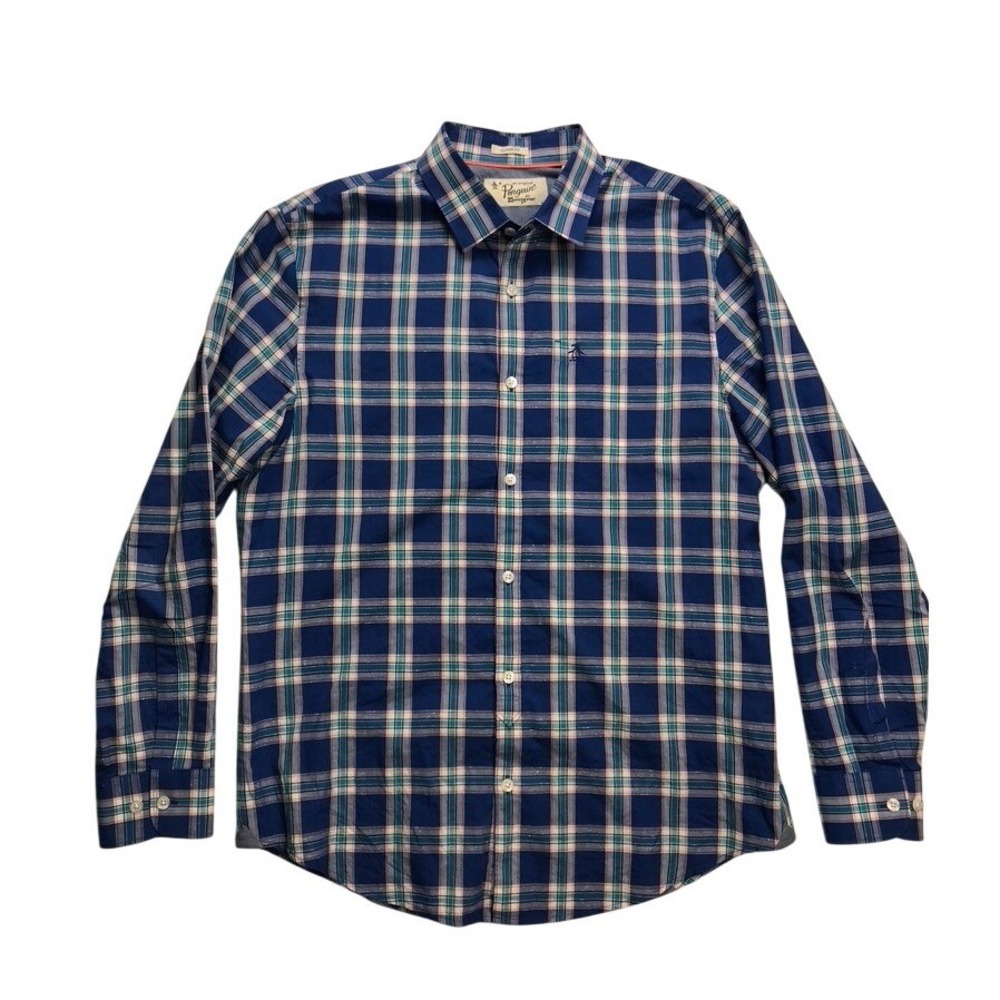Original Penguin Mens‎ Plaid Classic Fit Long Sleeve Button Down Shirt Blue M